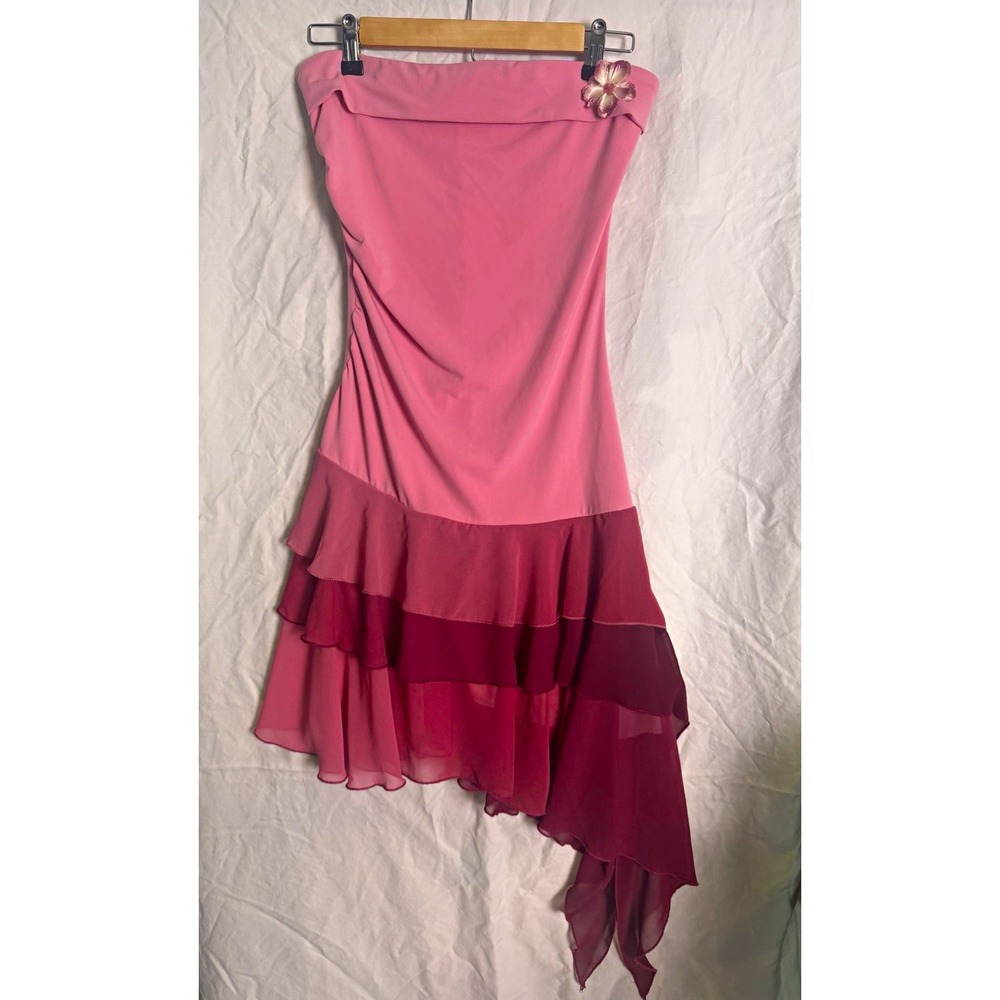 Women's Pink Y2K Strapless Solid Fit & Flare Layered Knee Length Dress Sz L